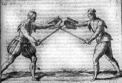 fencers fighting with rapier and buckler from Marozzo's Opera Nova